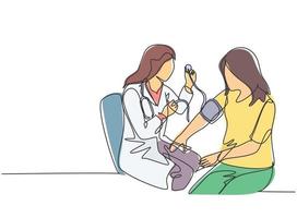 One continuous line drawing of young female doctor checking patient pulse rate and blood tension using tensiometer. Medical health care treatment concept single line draw design vector illustration