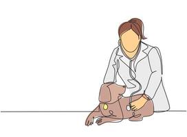 One single line drawing of young happy female veterinarian examining and take care of a sick dog because of a virus. Pet health care service concept continuous line draw design vector illustration