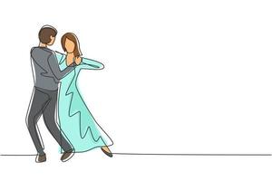 Single one line drawing man woman professional dancer couple dancing tango, waltz dances on dancing contest dancefloor. Happy lifestyle. Modern continuous line draw design graphic vector illustration