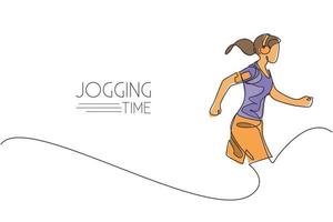 One single line drawing of young energetic woman runner run relax with music from smartphone vector illustration. Healthy sport training concept. Modern continuous line draw design for running banner