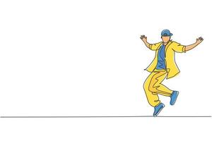 One continuous line drawing of young sporty break dancer man with casual shirt show hiphop dance style in the street. Urban lifestyle sport concept. Dynamic single line draw design vector illustration