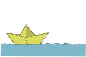 One continuous line drawing of paper boat sailing on the water river. Origami craft concept. Dynamic single line draw design vector graphic illustration