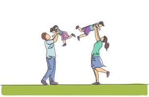 One single line drawing of young mother and father raising their son and daughter up in the air at home vector illustration. Happy family parenting concept. Modern continuous line draw design