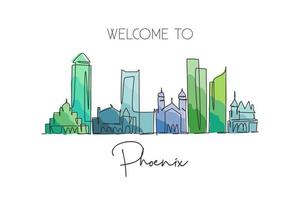 One continuous line drawing of Phoenix city skyline, United States. Beautiful landmark. World landscape tourism and travel vacation. Editable stylish stroke single line draw design vector illustration