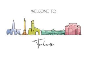 One continuous line drawing of Toulouse city skyline, France. Beautiful skyscraper postcard. World landscape tourism travel vacation wall decor poster art. Single line draw design vector illustration