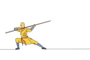 un dibujo de una sola línea de un joven monje shaolin enérgico que ejercita kung fu luchando con un palo en la ilustración del vector del templo. antiguo concepto de deporte de arte marcial chino. diseño de dibujo de línea continua