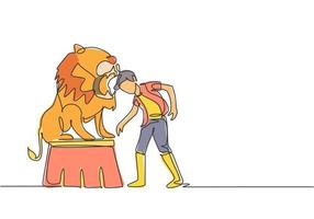 Un solo dibujo de una línea de un león se para en una silla de circo mientras sigue las instrucciones de su entrenador. un espectáculo de circo muy emocionante. Ilustración de vector gráfico de diseño de dibujo de línea continua moderna