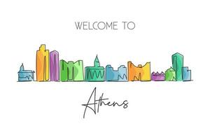 One continuous line drawing of Athens city skyline, Georgia. Beautiful landmark. World landscape tourism travel home wall decor poster print art. Stylish single line draw design vector illustration