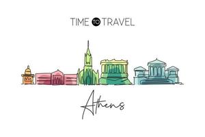 One continuous line drawing of Athens city skyline, Greece. Beautiful landmark. World landscape tourism travel vacation poster art. Editable stylish stroke single line draw design vector illustration