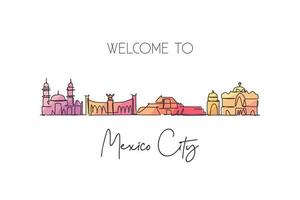 Single continuous line drawing Mexico skyline, Mexico. Famous city scraper landscape. World travel destination postcard print concept. Editable stroke modern one line draw design vector illustration