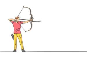 One single line drawing of young archer man focus exercising archery to hit the target vector graphic illustration. Healthy refresh shooting with bow sport concept. Modern continuous line draw design