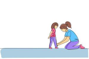 Single continuous line drawing of young mother tying her daughter shoelaces at home before go to school, parenthood. Family parenting concept. Trendy one line draw design vector graphic illustration