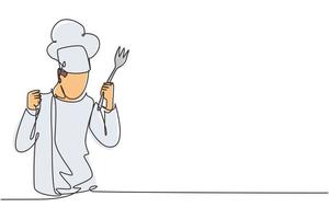 Single one line drawing chef with celebrate gesture, holding fork and wearing cooking uniforms is ready to cook meals for guests at restaurants. Continuous line draw design graphic vector illustration