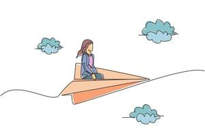 Single one line drawing of young businesswoman siting relax on paper plane to do business trip. Business goal. Metaphor minimal concept. Modern continuous line draw design graphic vector illustration