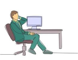 Single continuous line drawing of young male director sitting on work chair and calling his managers in front of computer. Business talk concept one line draw design vector graphic illustration