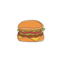 un dibujo de una sola línea de la ilustración de vector de hamburguesa americana de logotipo fresco. Menú de cafetería de hamburguesas de comida rápida y concepto de placa de restaurante. diseño de dibujo de línea continua moderna logotipo de comida callejera