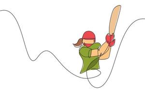 un dibujo de una sola línea de una joven y enérgica jugadora de cricket golpeó la pelota en la ilustración vectorial del torneo de cricket. concepto de deporte diseño moderno de dibujo de línea continua para banner de competencia de cricket vector
