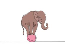 Single continuous line drawing a cute elephant stands on the ball with all fours awaiting further instructions from the trainer. Good circus show. One line draw graphic design vector illustration.