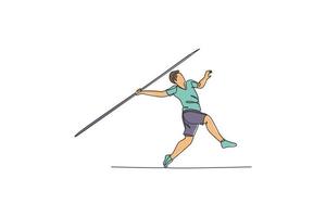 One continuous line drawing of young sporty man exercise to run stance before throw javelin on the field. Athletic games. Olympic sport concept. Dynamic single line draw design vector illustration