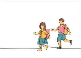 Single continuous line drawing elementary school students both boys and girls were running on the side of the road avoiding being late for school. One line draw graphic design vector illustration.