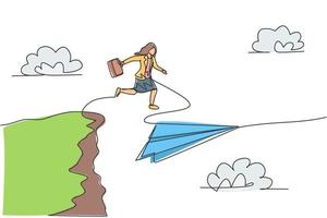 Single one line drawing young businesswoman jumping to flying paper plane from top of the cliff. Business challenges. Metaphor minimal concept. Continuous line draw design graphic vector illustration