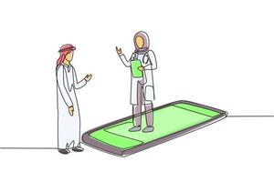 Single one line drawing hijab female doctor standing on smartphone, in front of her standing Arab male patient. Online medical services. Modern continuous line draw design graphic vector illustration