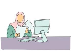 Un solo dibujo de línea continua de una joven empresaria musulmana prepara documentos para presentarlos a los inversores. velo y hijab de tela árabe de Oriente Medio. Ilustración de vector de diseño de dibujo de una línea