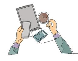 Single continuous line drawing of hand holding smartphone and a cup of coffee beside calculator and tablet on desk. Office equipment concept. Modern one line draw design vector graphic illustration