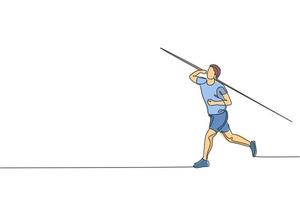 One continuous line drawing of young sporty man exercise to concentrate before throw javelin on the field. Athletic games. Olympic sport concept. Dynamic single line draw design vector illustration