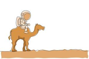 Single continuous line drawing of cosmonaut with spacesuit riding desert camel, farm animal in moon surface. Fantasy astronaut safari journey concept. Trendy one line draw design vector illustration