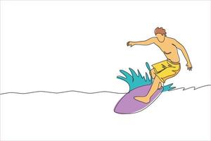 Single continuous line drawing young professional surfer in action riding the waves on blue ocean. Extreme watersport concept. Summer vacation. Trendy one line draw design vector illustration graphic