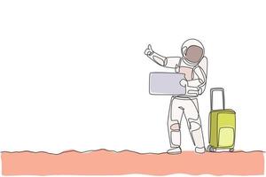 Single continuous line drawing of young astronaut hitchhiker waiting for transport beside the roadway in moon surface. Cosmonaut outer space concept. Trendy one line draw design vector illustration