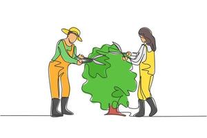 dibujo continuo de una línea, una pareja joven, un granjero, cortó las hojas del árbol con tijeras para plantas. concepto minimalista de desafío agrícola. Ilustración gráfica de vector de diseño de dibujo de una sola línea.