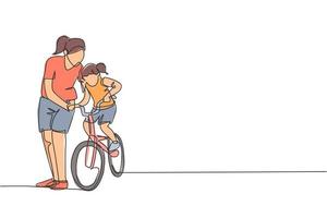 One continuous line drawing of young mother help her daughter learning to ride a bicycle at countryside together. Parenthood lesson concept. Dynamic single line draw design vector graphic illustration