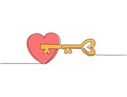 Single continuous line drawing of pair heart shaped key and keyhole fit on puzzle symbol. Romantic couple mate marriage concept. Modern one line draw graphic design vector illustration