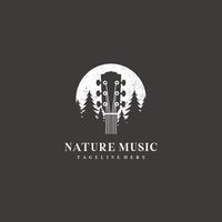 Guitar pine tree forest and moon light night nature music logo design vector