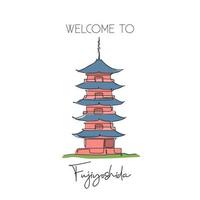 una sola línea dibujando el punto de referencia de la pagoda de fuji san. lugar de fama mundial en fujiyoshida, japón. concepto de arte de decoración de pared de hogar de postal de viaje de turismo. ilustración de vector de diseño de dibujo de línea continua moderna