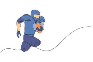 un dibujo de línea continua de un joven musculoso jugador de fútbol americano corriendo y sosteniendo la pelota para el afiche de la competencia. concepto de trabajo en equipo deportivo. Ilustración de vector de diseño de dibujo de línea única dinámica