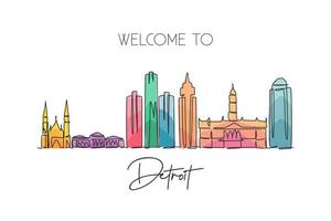 One single line drawing of Detroit city skyline, United States. Historical town landscape. Best holiday destination home wall decor poster print. Trendy continuous line draw design vector illustration