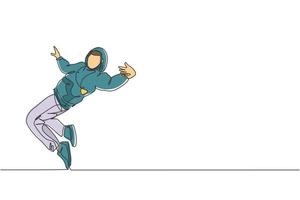 Un solo dibujo de línea continua de un joven bailarín de hip-hop enérgico en una sudadera con capucha practica el break dance en la calle. concepto de estilo de vida de generación urbana. Ilustración de vector de diseño de dibujo de una línea de moda
