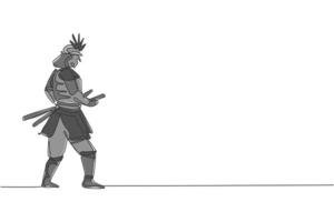 un dibujo de una sola línea de un joven guerrero samurái japonés sosteniendo una espada katana practicando en la ilustración gráfica vectorial del centro del dojo. concepto de arte marcial combativo. diseño moderno de dibujo de línea continua vector