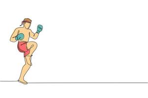 un dibujo de una sola línea de un joven y enérgico luchador muay thai ejerciendo una patada en el gimnasio ilustración vectorial del centro de fitness. concepto de deporte de boxeo tailandés combativo. diseño moderno de dibujo de línea continua vector