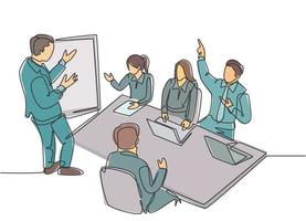 One single line drawing of young business manager giving presentation to train apprentices at the office during meeting. Job training concept continuous line graphic draw design vector illustration