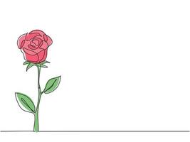 Single continuous line drawing of fresh romantic beautiful rose flower. Greeting card, invitation, logo, banner, poster concept. Dynamic one line draw design vector graphic illustration