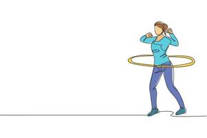 Single continuous line drawing of young sportive woman happy training with hula hoop in sport gymnasium club center. Fitness stretching concept. Trendy one line draw design graphic vector illustration