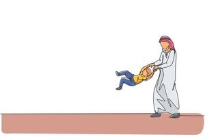 Un solo dibujo de línea del joven padre árabe juega y levanta a su hijo en el aire en la ilustración de vector de casa. feliz concepto de crianza de los hijos de la familia musulmana islámica. diseño moderno de dibujo de línea continua
