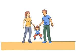 One continuous line drawing of young happy mother and father playing with their daughter, lifting and swinging at home. Family parenting concept. Dynamic single line draw design vector illustration