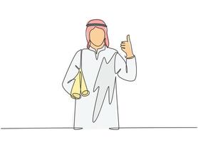 One single line drawing of young happy muslim architect bring building floor plan while thumb up. Saudi Arabia cloth shmag, kandora, headscarf, thobe. Continuous line draw design vector illustration