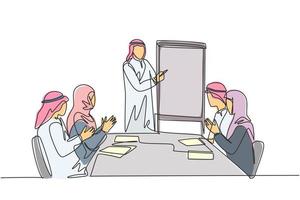 un dibujo de una sola línea del joven gerente musulmán feliz hace la presentación en la reunión del equipo. tela de arabia saudita shmag, kandora, pañuelo en la cabeza, thobe, ghutra. Ilustración de vector de diseño de dibujo de línea continua