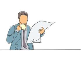 One continuous line drawing of young happy business man holding coffee mug while reading tabloid headline news at hotel lobby. Drinking tea concept single line sign draw design vector illustration